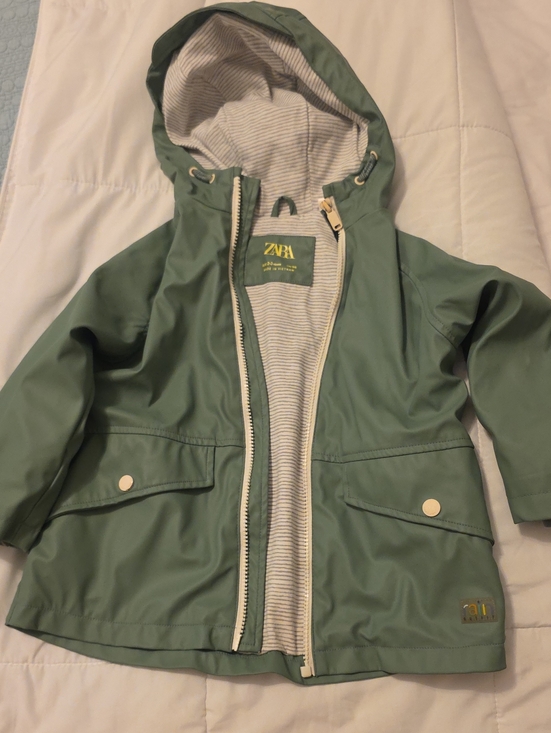Zara Other - ZARA Green Hooded Raincoat with Striped Lining